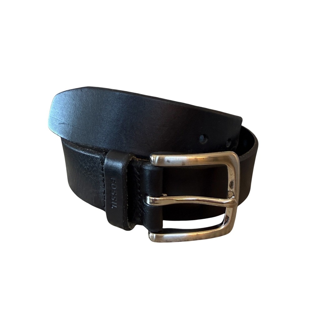 Fossil Mens Black Genuine Leather Belt Silver Buckle 32 MB125200132